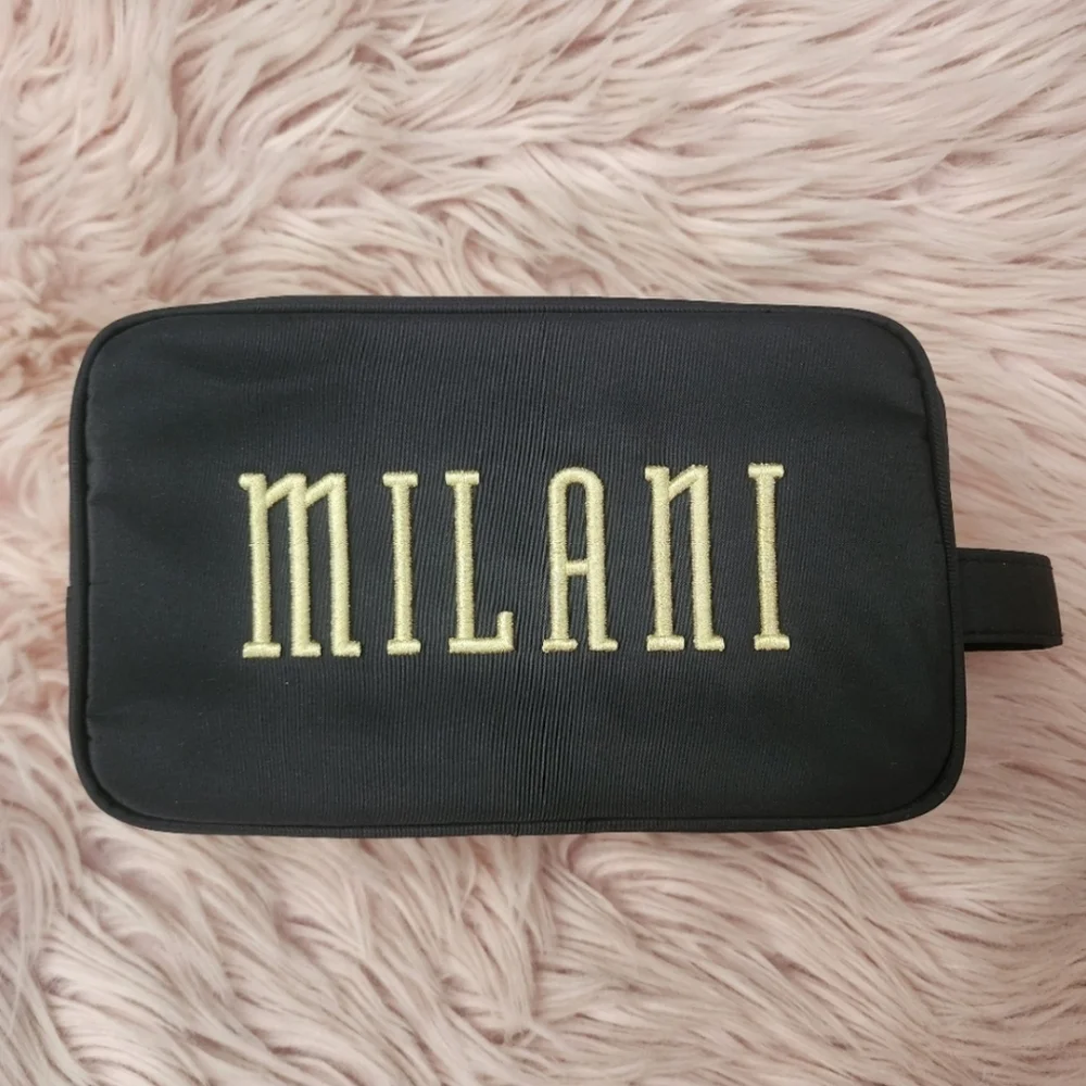 Milani makeup bag travel pouch black nylon gold embroidered